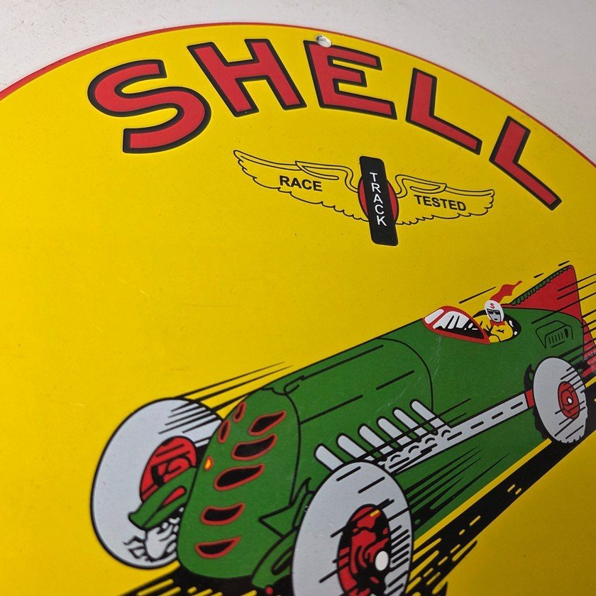 Vintage Shell Gasoline Sign - Green Streak Gas Pump Race Car Porcelain Sign - Image 5