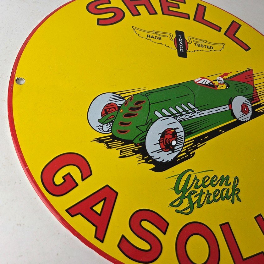 Vintage Shell Gasoline Sign - Green Streak Gas Pump Race Car Porcelain Sign - Image 6