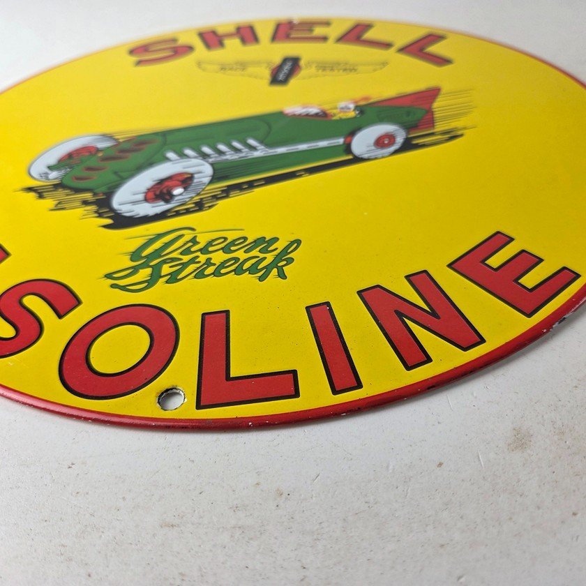 Vintage Shell Gasoline Sign - Green Streak Gas Pump Race Car Porcelain Sign - Image 10