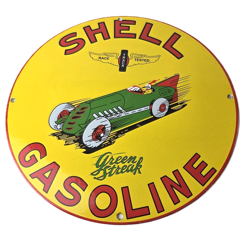 Vintage Shell Gasoline Sign - Green Streak Gas Pump Race Car Porcelain Sign