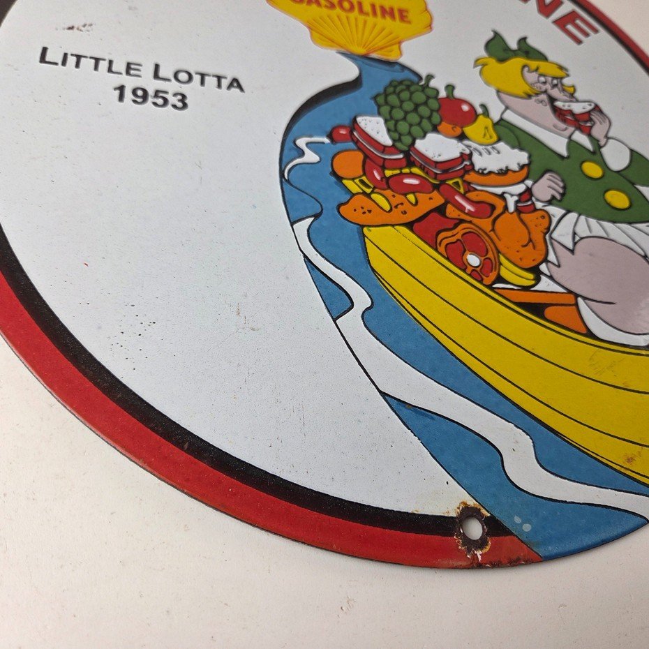 Vintage Shell Gasoline Sign - Little Lotta Gas Oil Pump Porcelain Sign - Image 11
