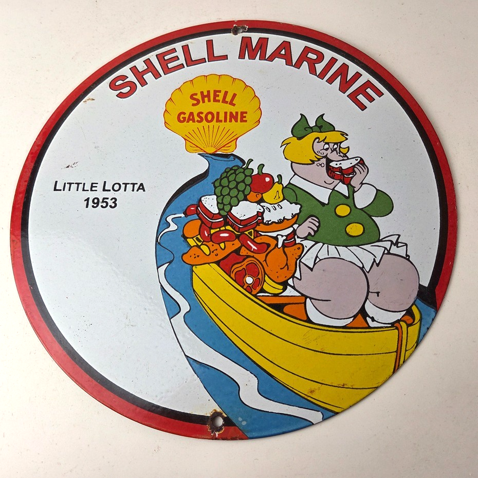 Vintage Shell Gasoline Sign - Little Lotta Gas Oil Pump Porcelain Sign - Image 15