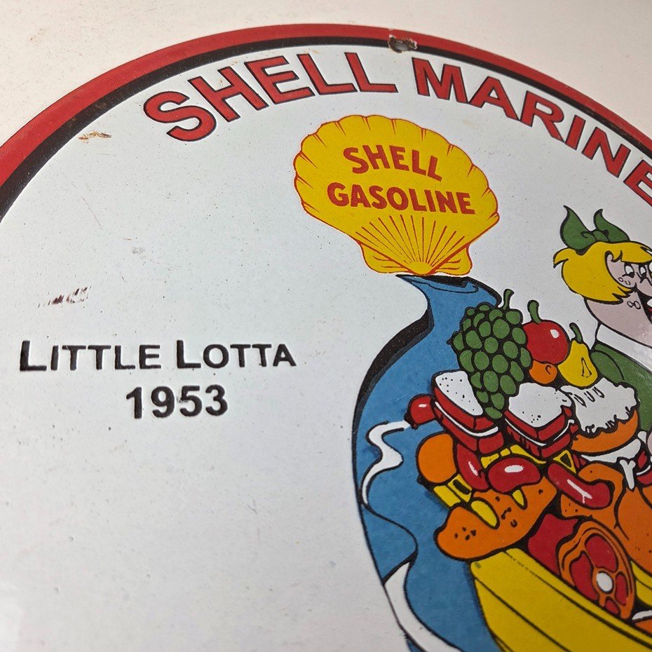 Vintage Shell Gasoline Sign - Little Lotta Gas Oil Pump Porcelain Sign - Image 5