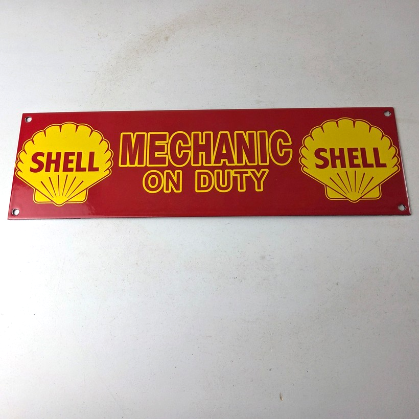 Vintage Shell Gasoline Sign - Mechanic on Duty Gas Pump Porcelain Sign - Image 15