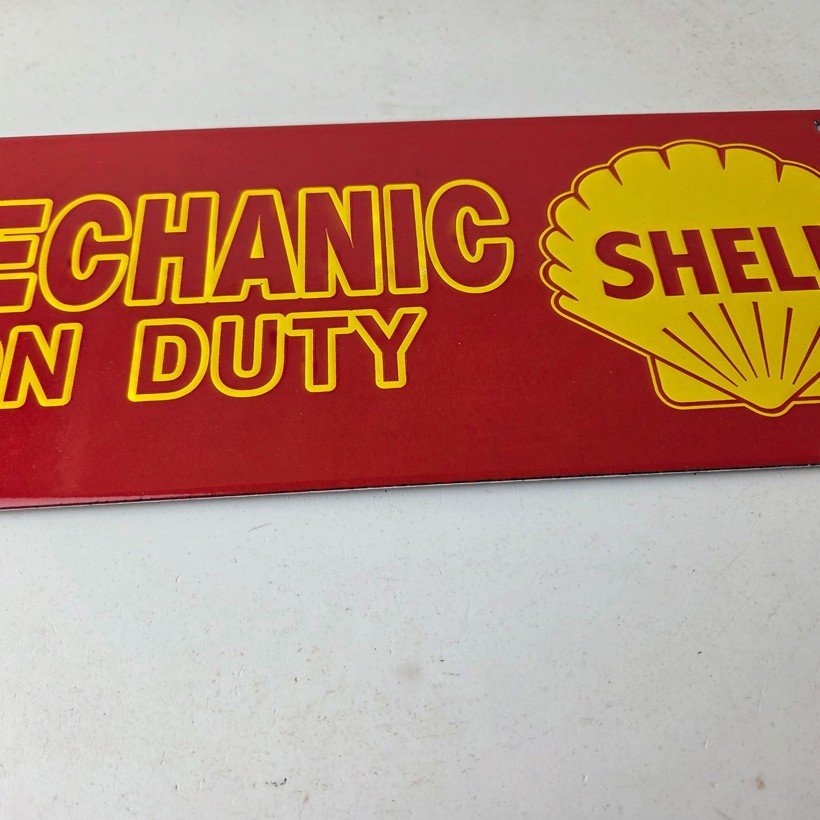 Vintage Shell Gasoline Sign - Mechanic on Duty Gas Pump Porcelain Sign - Image 4
