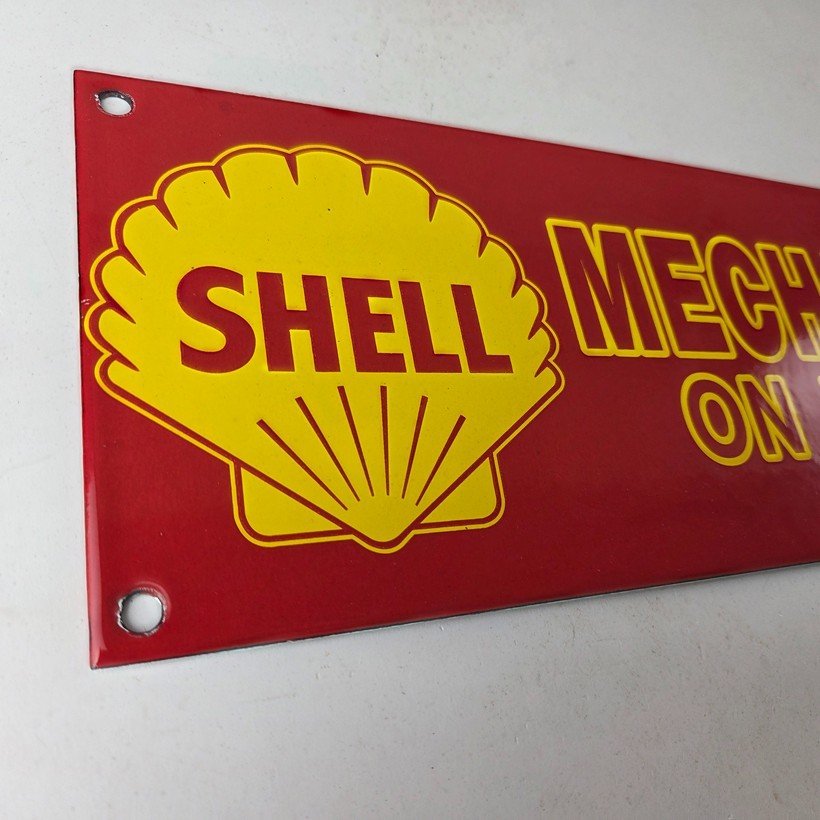 Vintage Shell Gasoline Sign - Mechanic on Duty Gas Pump Porcelain Sign - Image 5