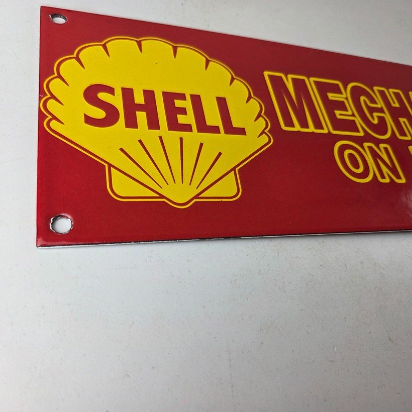 Vintage Shell Gasoline Sign - Mechanic on Duty Gas Pump Porcelain Sign - Image 6