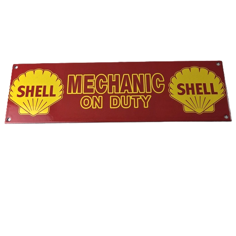 Vintage Shell Gasoline Sign - Mechanic on Duty Gas Pump Porcelain Sign