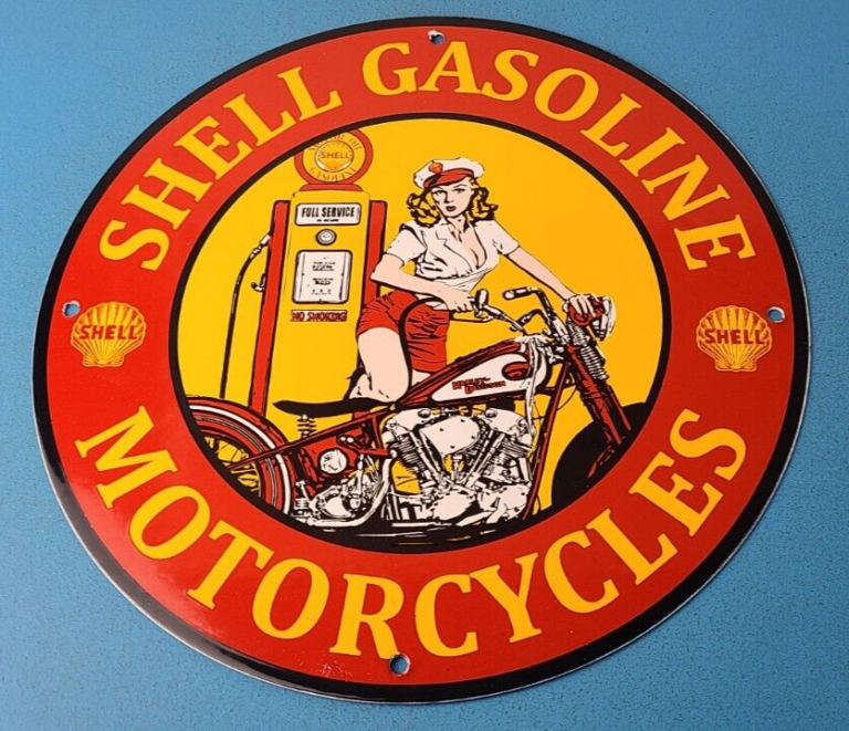 Vintage Shell Gasoline Sign Motorcycle Gas Oil Pump Porcelain Sign 306072977139