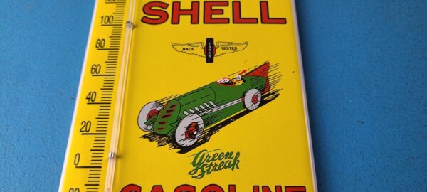 Vintage Shell Porcelain Sign Green Streak Gasoline Pump Ad Sign On Thermometer 305792484309 3