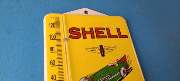 Vintage Shell Porcelain Sign Green Streak Gasoline Pump Ad Sign On Thermometer 305792484309 4