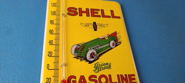 Vintage Shell Porcelain Sign Green Streak Gasoline Pump Ad Sign On Thermometer 305792484309 5