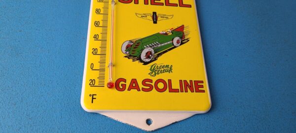 Vintage Shell Porcelain Sign Green Streak Gasoline Pump Ad Sign On Thermometer 305792484309 6