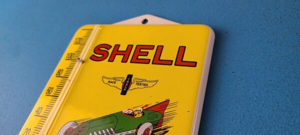 Vintage Shell Porcelain Sign Green Streak Gasoline Pump Ad Sign On Thermometer 305792484309 7