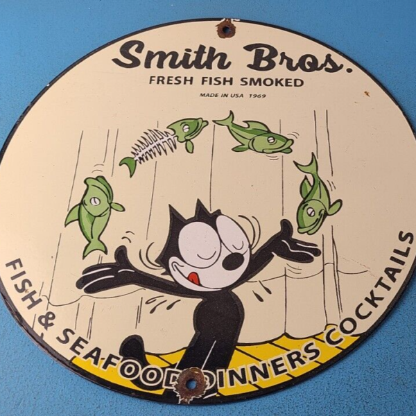 Vintage Smith Bros Sign Felix the Cat Fish Meat Porcelain Gas Pump Sign