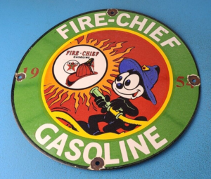 Vintage Texaco Gasoline Porcelain Felix The Cat Firefighter Gas Pump Plate Sign 305887279279