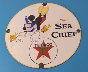 Vintage Texaco Gasoline Sign Disney Mickey Sea Chief Porcelain Gas Pump Sign 305847021649