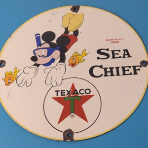 Vintage Texaco Gasoline Sign - Disney Mickey Sea Chief Porcelain Gas Pump Sign