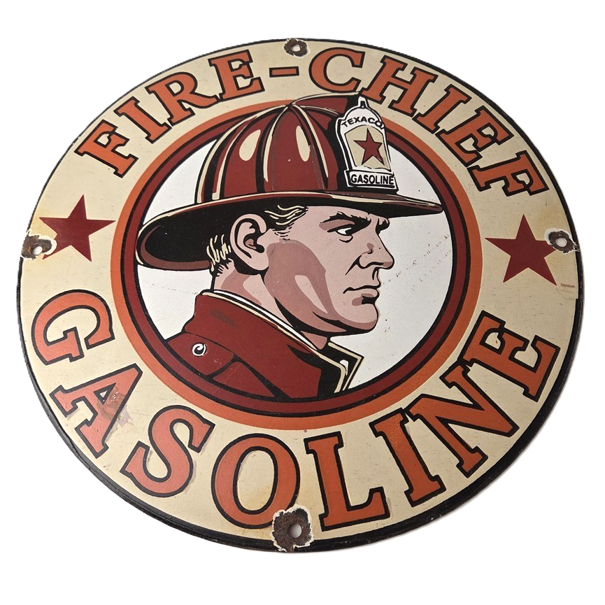 Vintage Texaco Sign - Fire Fighter Chief Gasoline Service Gas Porcelain Sign