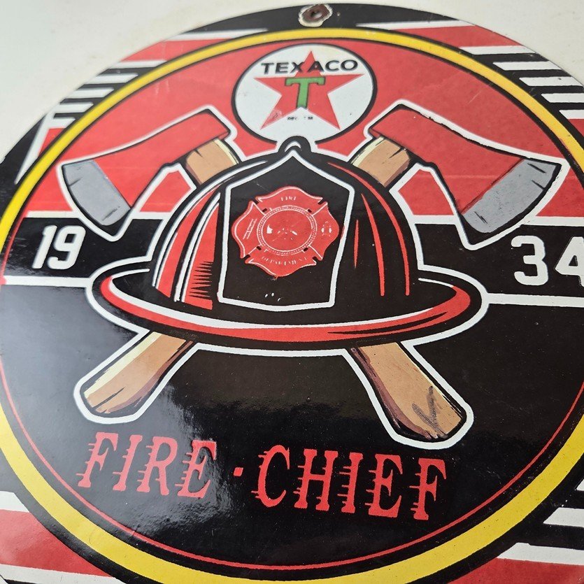 Vintage Texaco Sign - Fire Fighter Chief Gasoline Service Gas Porcelain Sign - Image 4