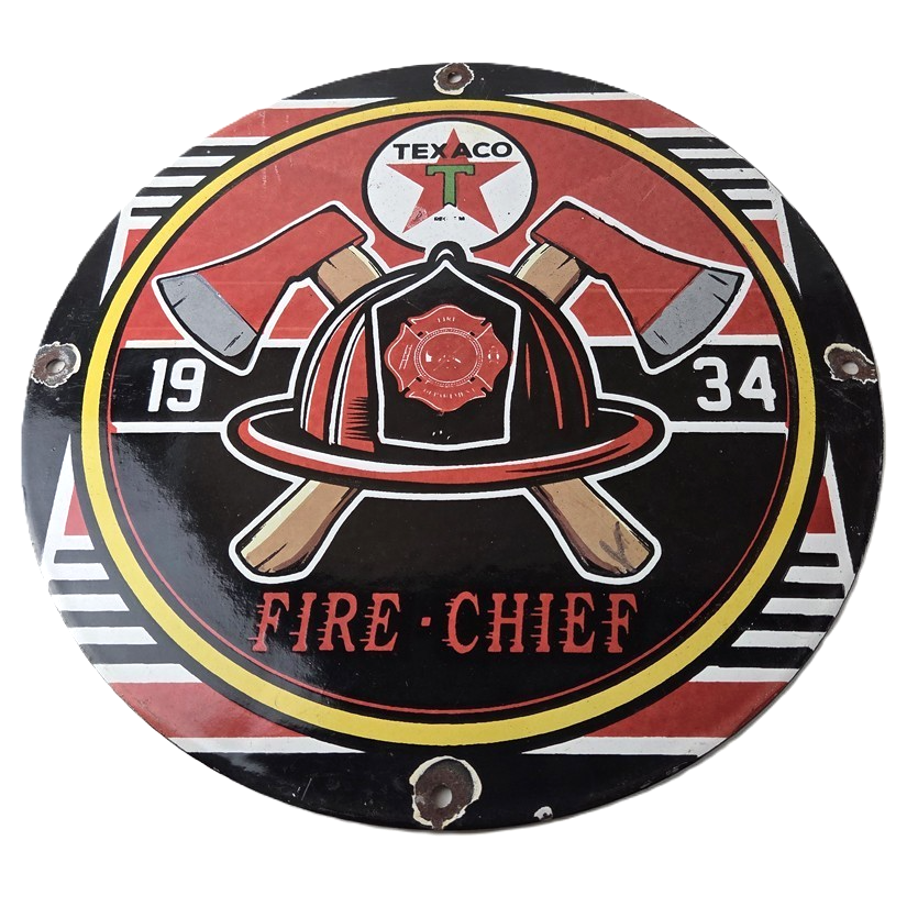 Vintage Texaco Sign - Fire Fighter Chief Gasoline Service Gas Porcelain Sign