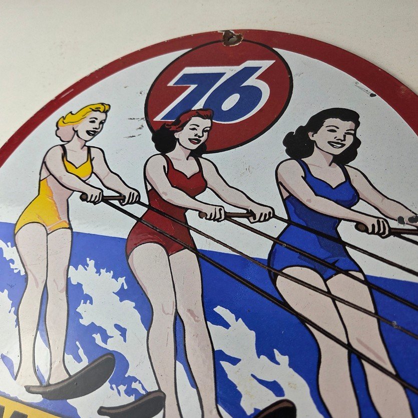 Vintage Union 76 Gasoline Sign - Porcelain Ski Show Gas Service Pump Sign - Image 12