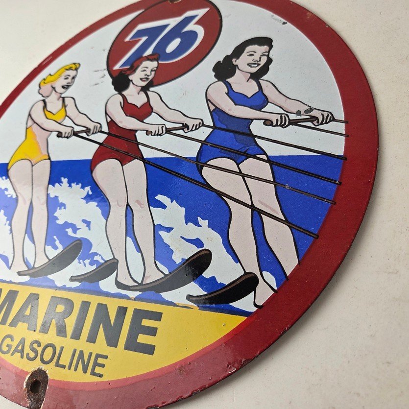 Vintage Union 76 Gasoline Sign - Porcelain Ski Show Gas Service Pump Sign - Image 13