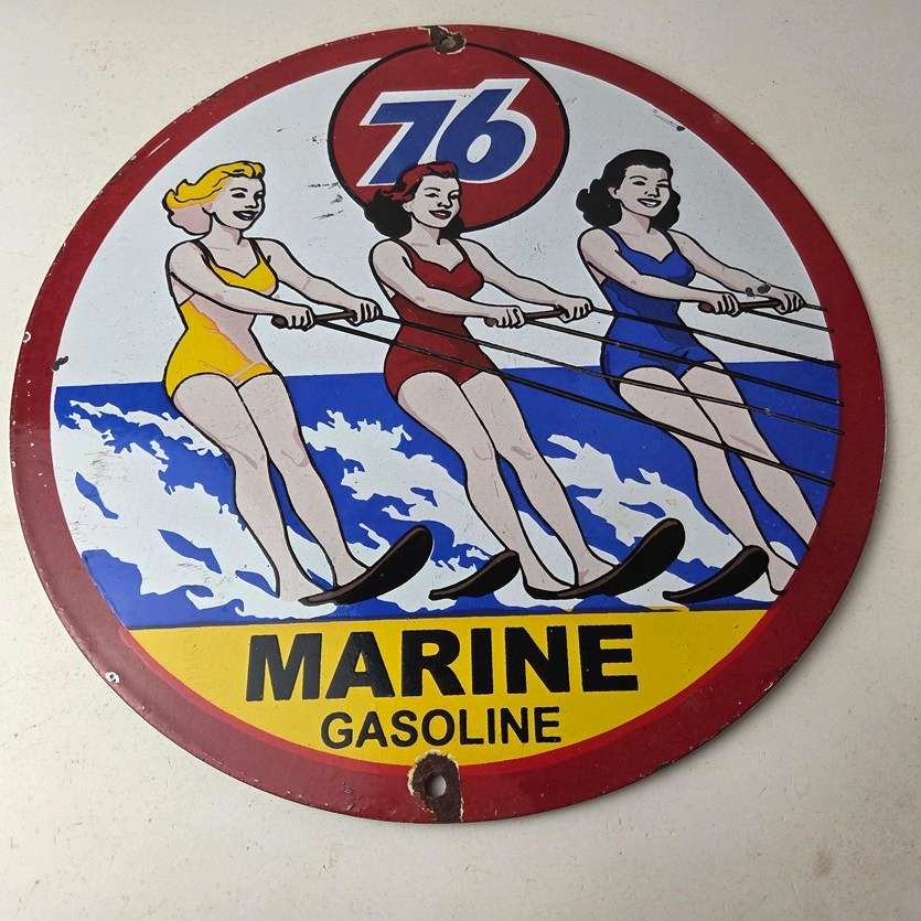 Vintage Union 76 Gasoline Sign - Porcelain Ski Show Gas Service Pump Sign - Image 15