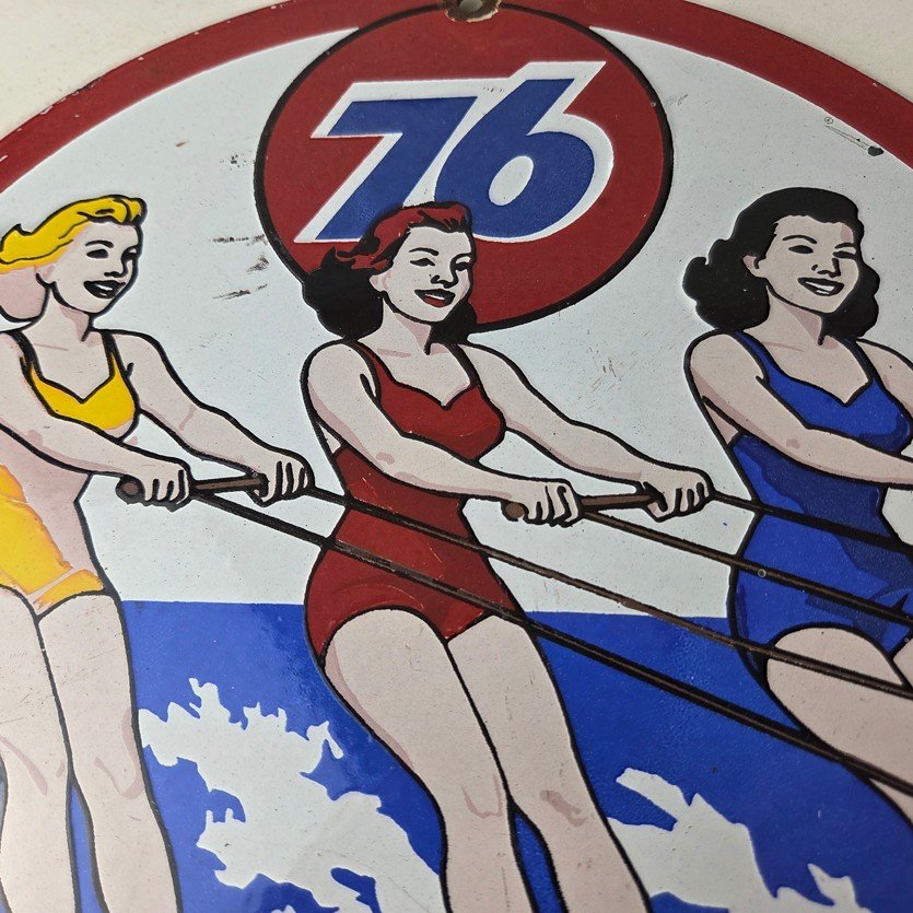 Vintage Union 76 Gasoline Sign - Porcelain Ski Show Gas Service Pump Sign - Image 3