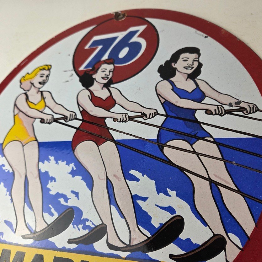 Vintage Union 76 Gasoline Sign - Porcelain Ski Show Gas Service Pump Sign - Image 4