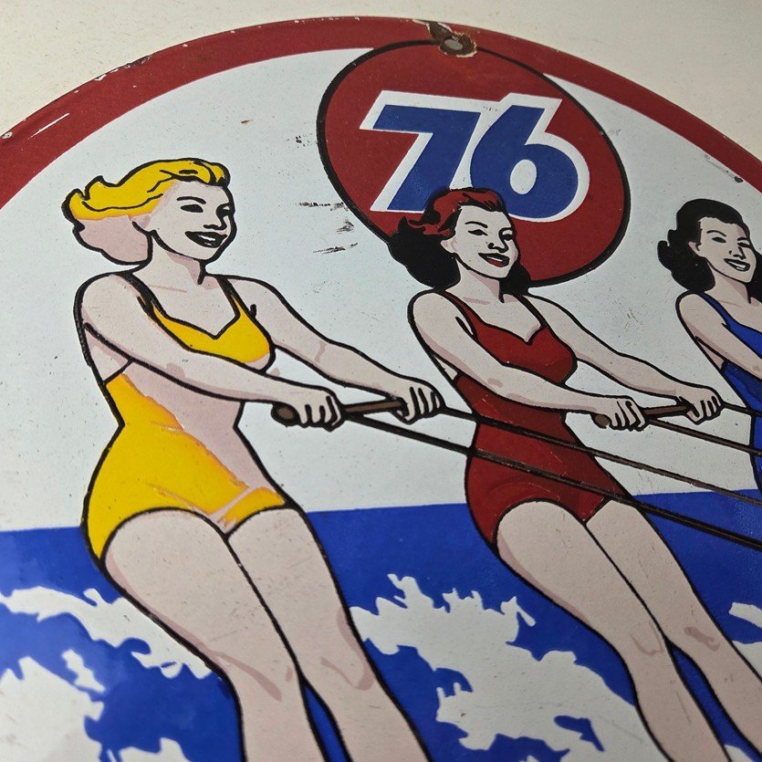 Vintage Union 76 Gasoline Sign - Porcelain Ski Show Gas Service Pump Sign - Image 5
