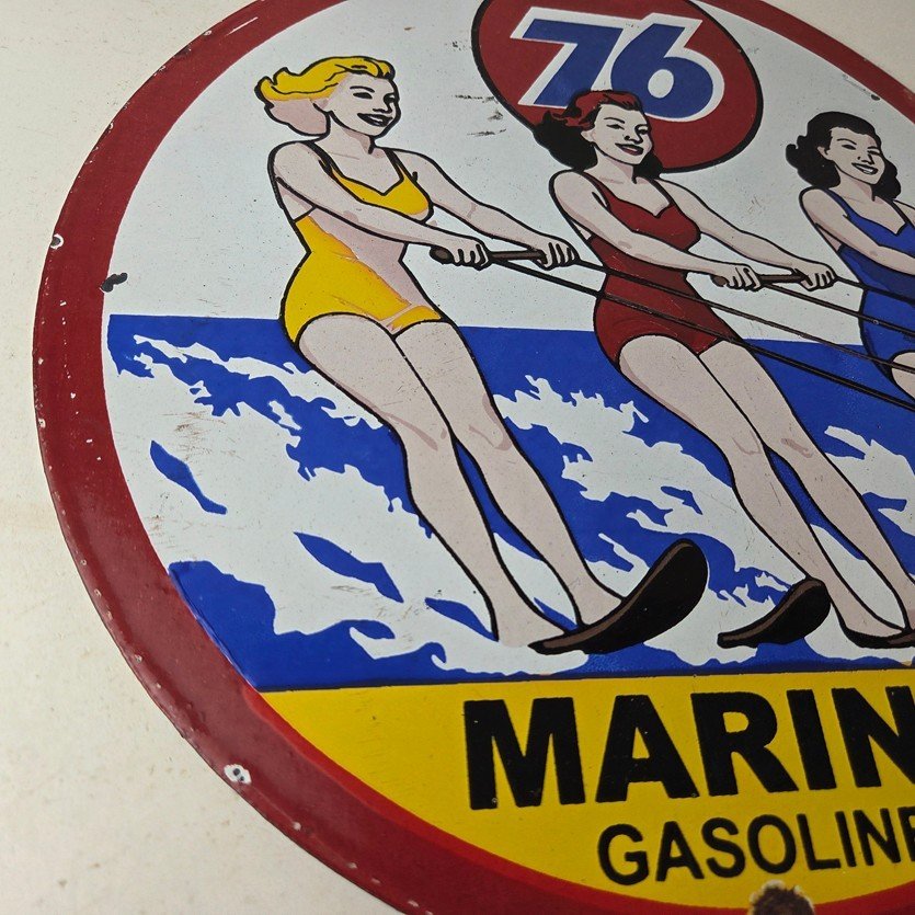 Vintage Union 76 Gasoline Sign - Porcelain Ski Show Gas Service Pump Sign - Image 6