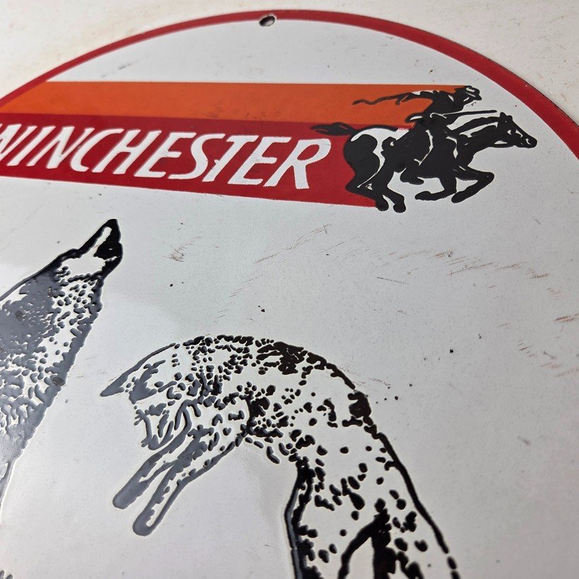 Vintage Winchester Porcelain Sign - Shot Gun Shells Coyote Fox Gas Pump Sign - Image 12