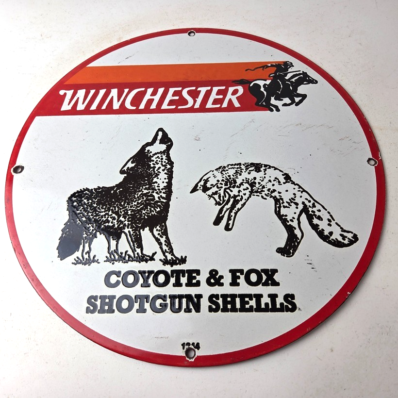 Vintage Winchester Porcelain Sign - Shot Gun Shells Coyote Fox Gas Pump Sign - Image 15