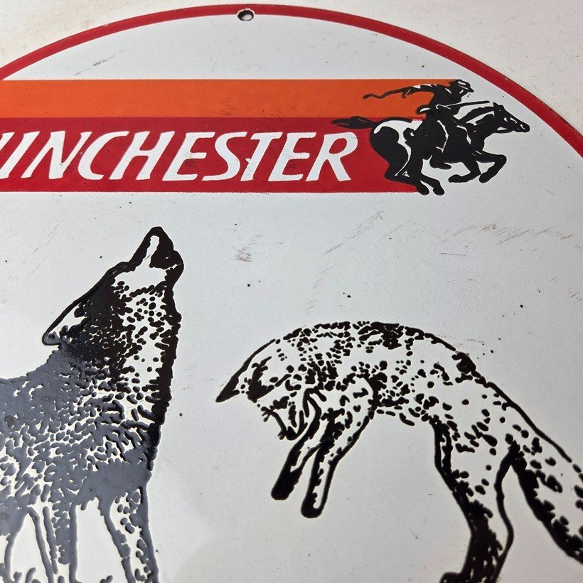 Vintage Winchester Porcelain Sign - Shot Gun Shells Coyote Fox Gas Pump Sign - Image 3