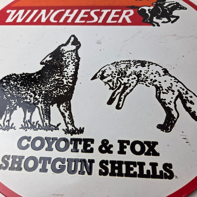 Vintage Winchester Porcelain Sign - Shot Gun Shells Coyote Fox Gas Pump Sign - Image 4