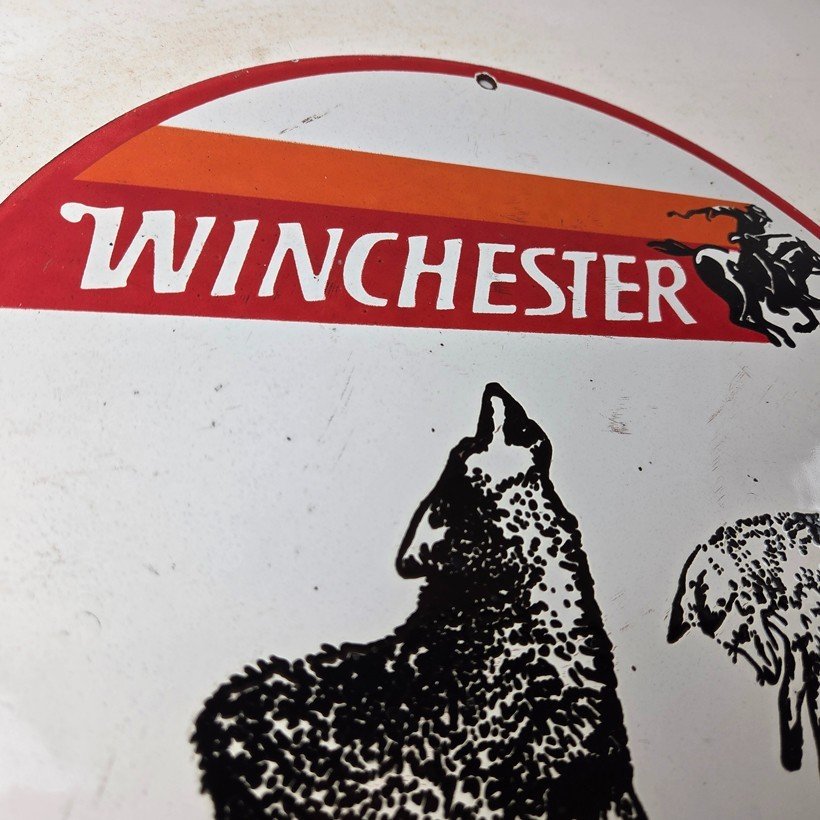 Vintage Winchester Porcelain Sign - Shot Gun Shells Coyote Fox Gas Pump Sign - Image 5