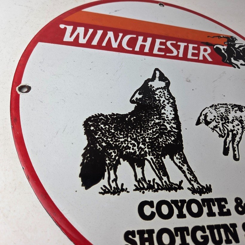 Vintage Winchester Porcelain Sign - Shot Gun Shells Coyote Fox Gas Pump Sign - Image 6