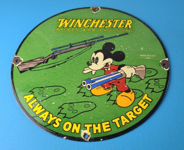 Vintage Winchester Sign Disney Mickey Mouse Shot Gun Rifle Ammo Gas Pump Sign 305742079269