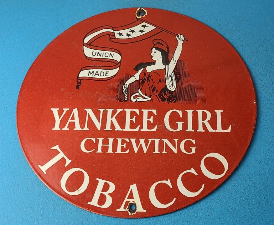 Vintage Yankee Girl Tobacco Sign - Chewing Gas Pump Plate Porcelain Sign